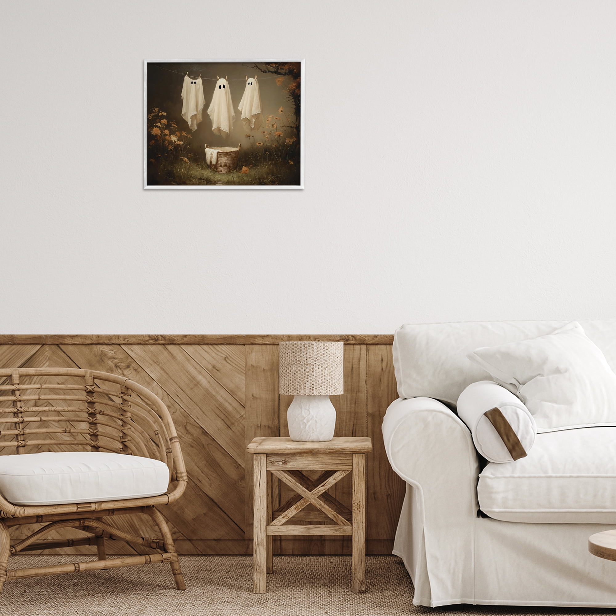 Three Laundry Ghosts Hanging White Framed Giclee Art, design by Arlington Prints