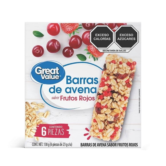 Barras de avena Great Value sabor frutos rojos 6 pzas de 23 g c/u