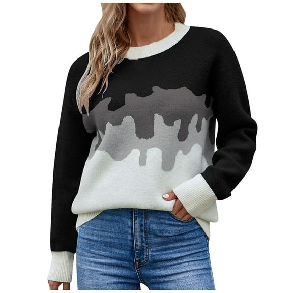 Odeerbi Sweaters for Women Fall Sweaters 2025 Casual Erogenous Fashion Round Neck Long Sleeve Tops Blouse Black