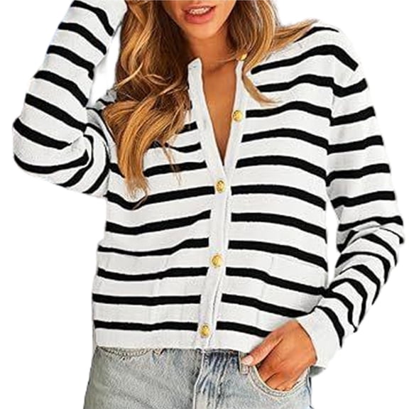 Wevis Women Striped Long Sleeve Cardigan, Crew Neck Button Front Knit Jacket With Side Pockets Casual Outerwear