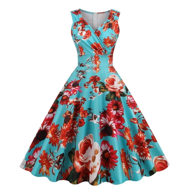 WILLBEST Vestidos con Curvas para Mujer Vestido Vintage con Cuello En V y Estampado Sexy sin Mangas para Cena Formal Mediana