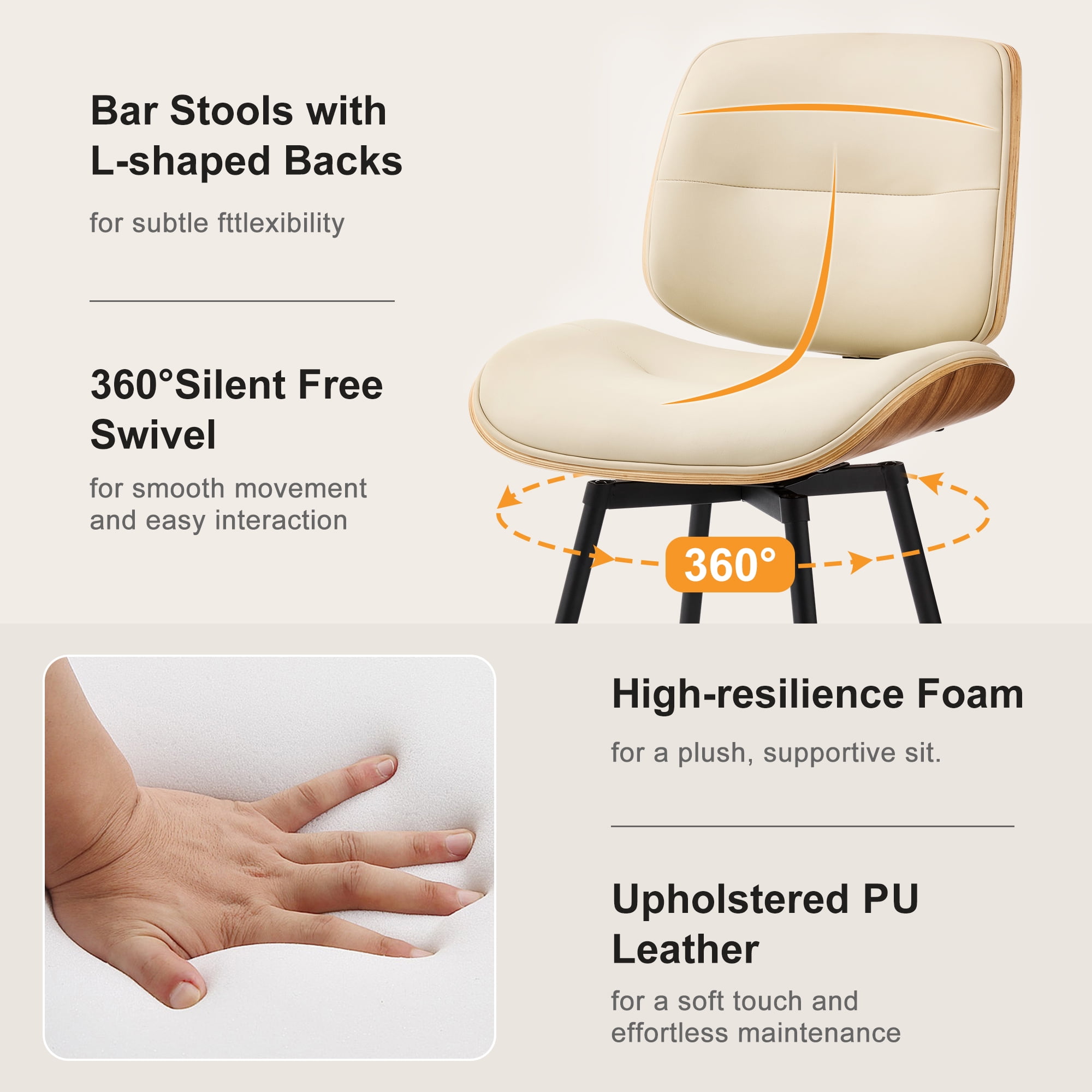 Counter Height Bar Stools Set of 4, 26" Swivel PU Leather Upholstered Bar Stools with Walnut Backs and Metal Legs, Retro Counter Stools for Kitchen Island, Dining Room, Pub, Beige