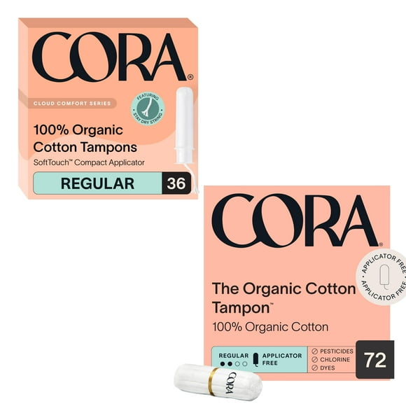 Cora Organic Feminine Care | Applicator and Non-Applicator Tampon Packs | Ultra-Absorbent, Unscented, Natural, Non-Toxic | 108 Total | Bundle Pack