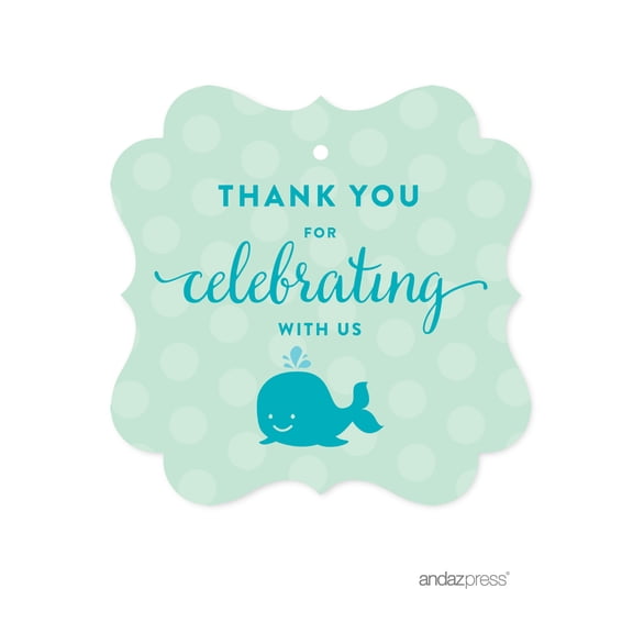 Thank You For Celebrating With Us! Navy Blue Boy Whale Nautical Baby Shower Fancy Frame Gift Tags, 24-Pack