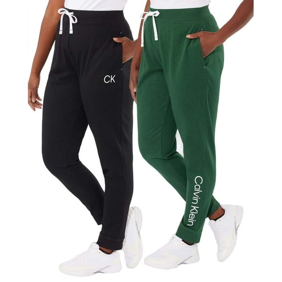 Calvin Klein Women's 2 Pack French Terry Jogger Pant with Pockets (Small, Black (Black/Kell Green))
