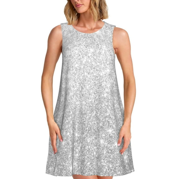 Picia Silver Glitter Print Women’s Sleeveless Midi Swing Dress – A-Line Pleated Tank Sundress, Comfortable and Flowy T-Shirt Dress