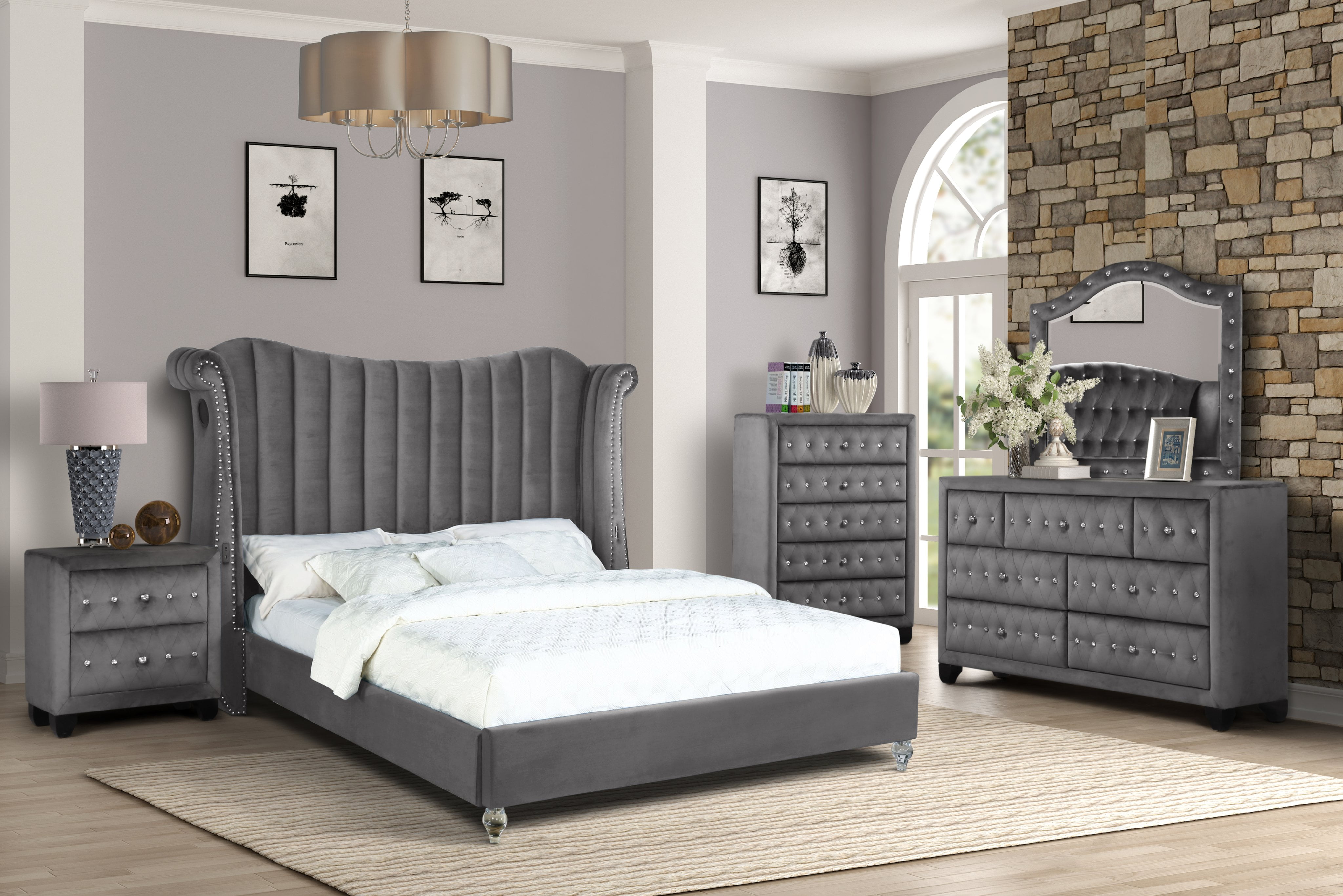 Sportaza Queen 5-N Upholstery Bedroom Set Made With Wood In Gray ...