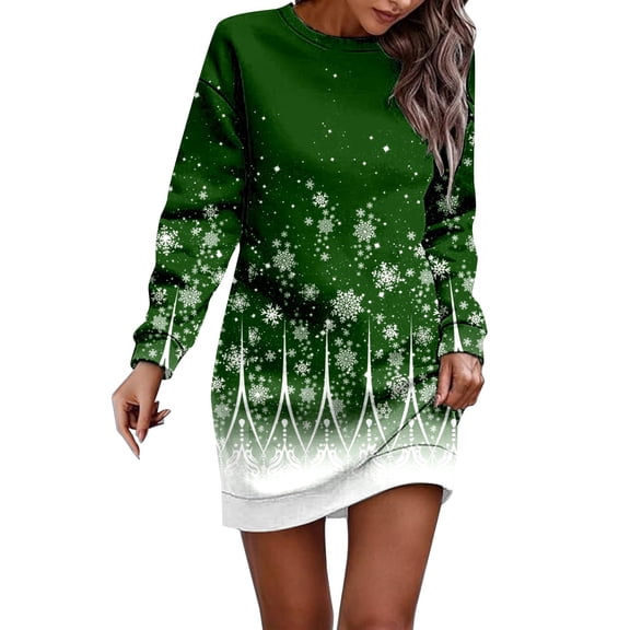 Fiaer Women's Christmas Themed Dresses Long Sleeve Party Tunic Dress Snowflake Graphic Winter Pullover Dress for Holiday Party Green XXL
