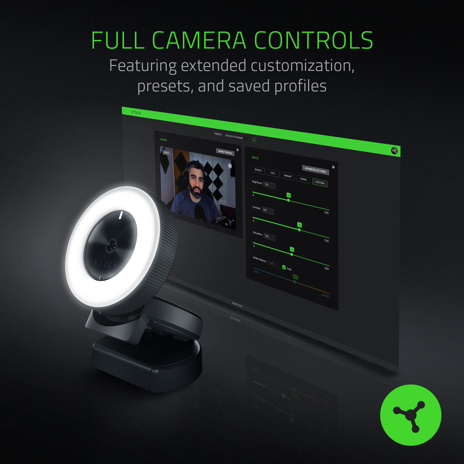 Razer Kiyo Streaming Webcam, Full HD, Auto Focus, Ring Light with Adjustable Brightness, Black - image 2 of 10