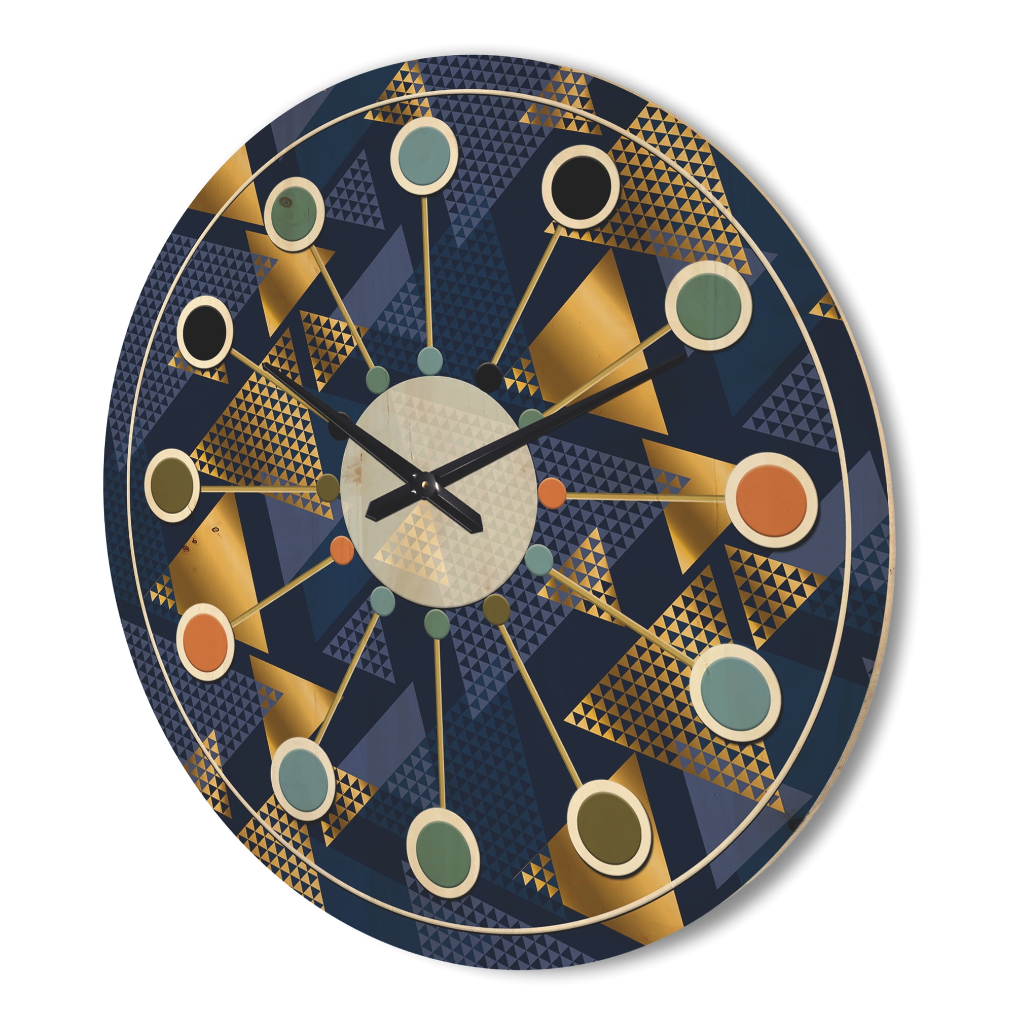 Designart 'Retro Luxury Waves In Blue and Gold IX' Mid-Century Modern Wood Wall Clock