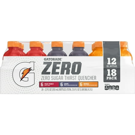 Gatorade Zero Sugar Sports Drinks, Fruit Punch/Grape/Orange Variety Pack, 12 fl oz, 18 Count Bottles