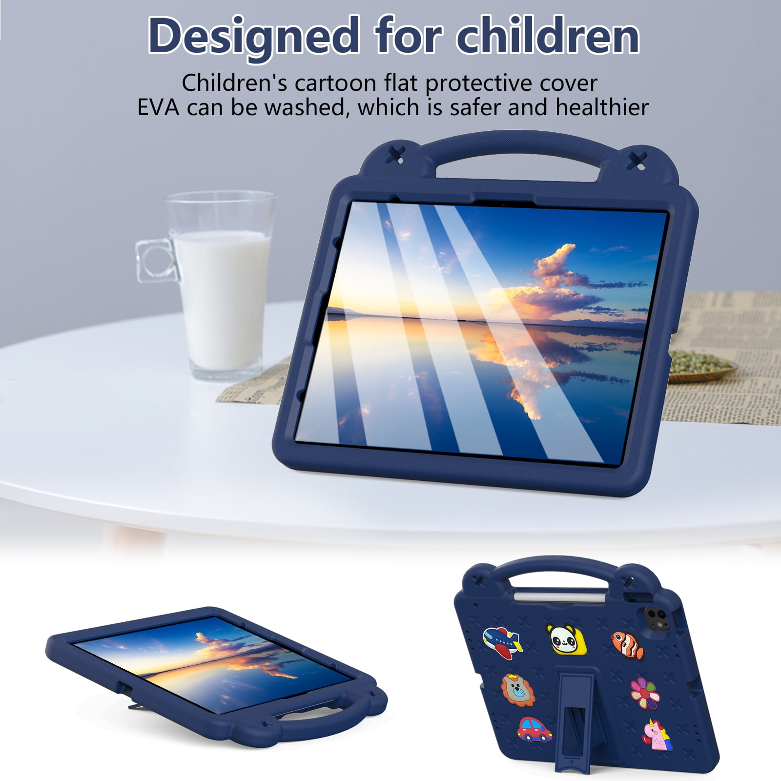 Nalacover Cartoon Handle Case for Apple iPad Air 13 inch (2024) Case, EVA Foam Cute Pattern with Pencil Holder Kickstand Cute Shockproof PC Case for Apple iPad Air 13 inch (2024), Navyblue