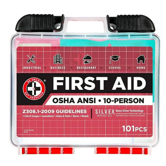 Be Smart Get Prepared 10-Person First Aid Kit, 101-Piece, OSHA & ANSI Compliant, with SILVEX Nano Silver Wound Gel, Compact & Wall-Mountable Case for Home or Workplace