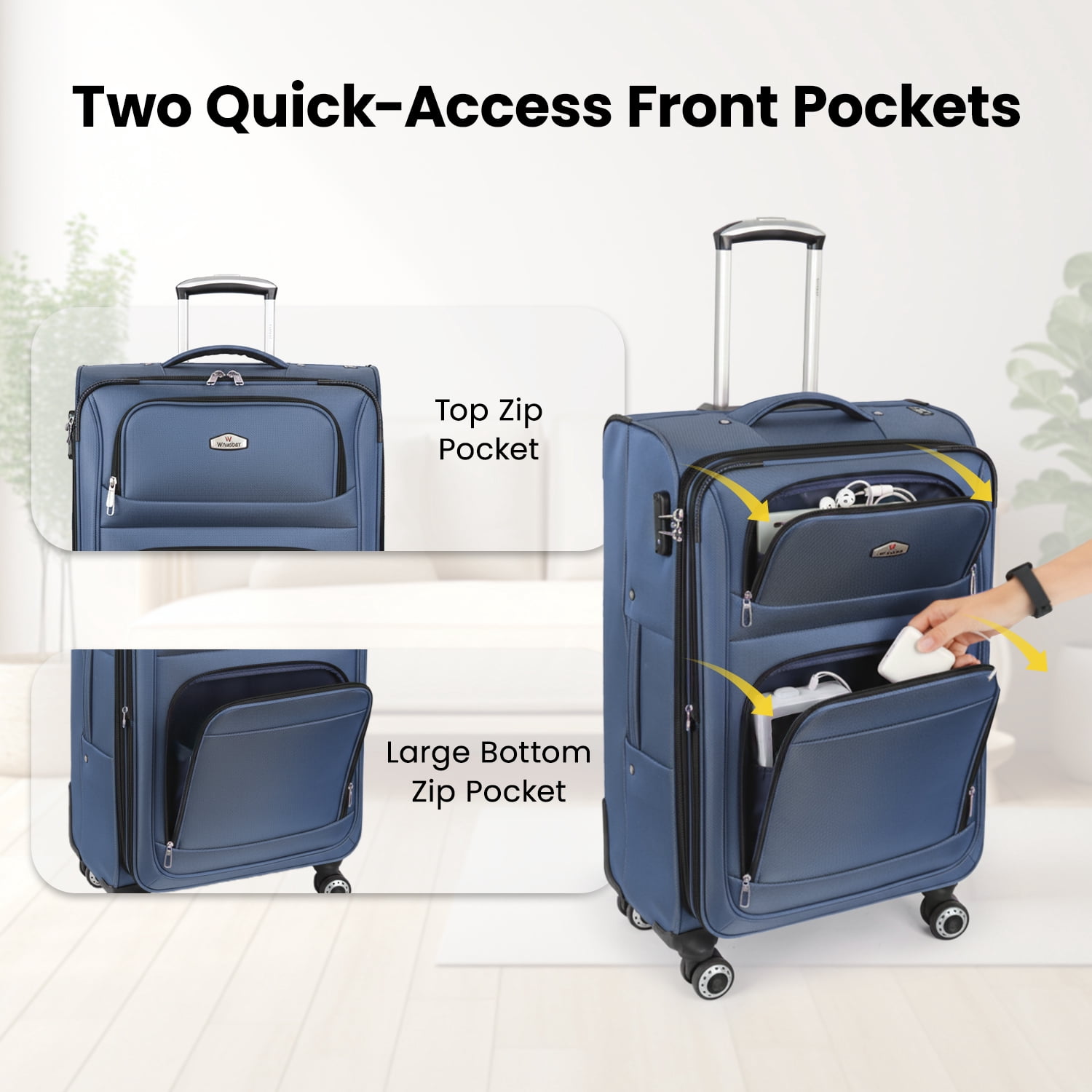 3-Piece Softside Luggage Set Lightweight Soft Shell Expandable Suitcase with Spinner Wheels & TSA Lock,20"/26"/30",Blue - WD1622