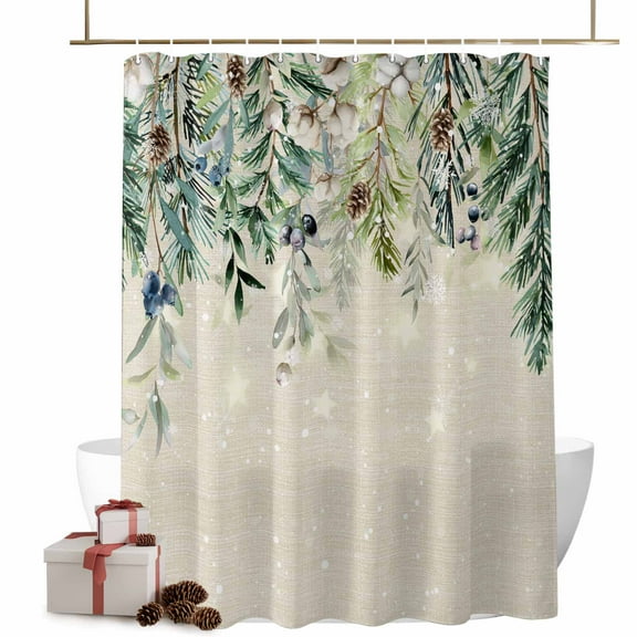 Winter Evergreen Bough Bathroom Shower Curtain Christmas Pine Cone Cotton Retro Linen Waterproof Washable Shower Curtains for Bathtub Bath Decor with Grommets and Hook 72 X 72 Inch