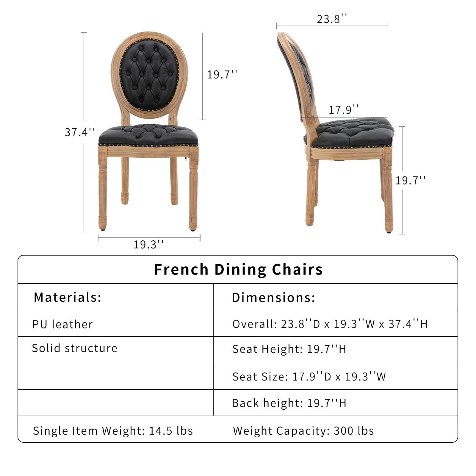 French Country Dining Chairs Set of 4, Black Kitchen & Dining Room Chairs Set of 4, Faux Leather Kitchen Chairs, Tufted Upholstered, Wood Legs, Sillas De Comedor (PU, Black, 4Pcs)