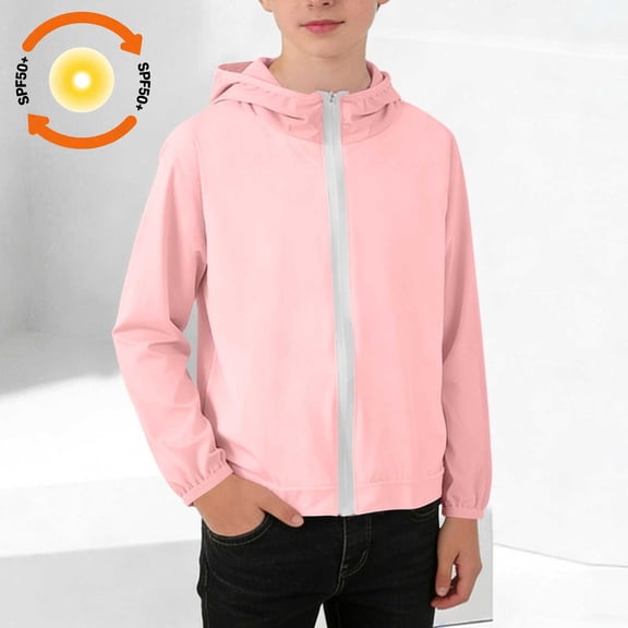 hengsof Kids Long Sleeve Full Zip Sun Protective Jacket, Breathable Lightweight Hooded Windbreaker, UPF Outdoor Top for Children Size 0-15 Years