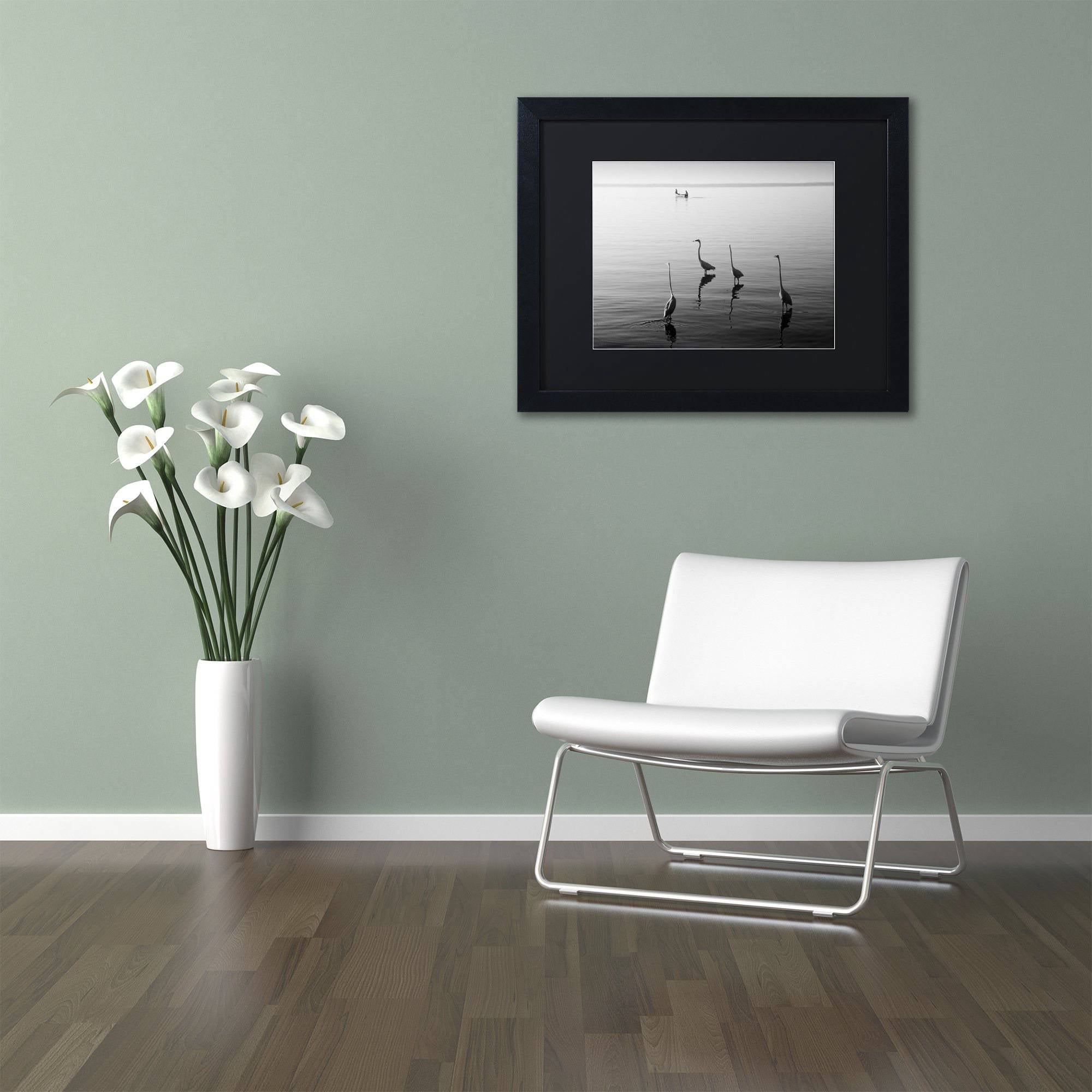 Trademark Fine Art "4 Herons and Boat" Canvas Art by Moises Levy Black Matte, Black Frame