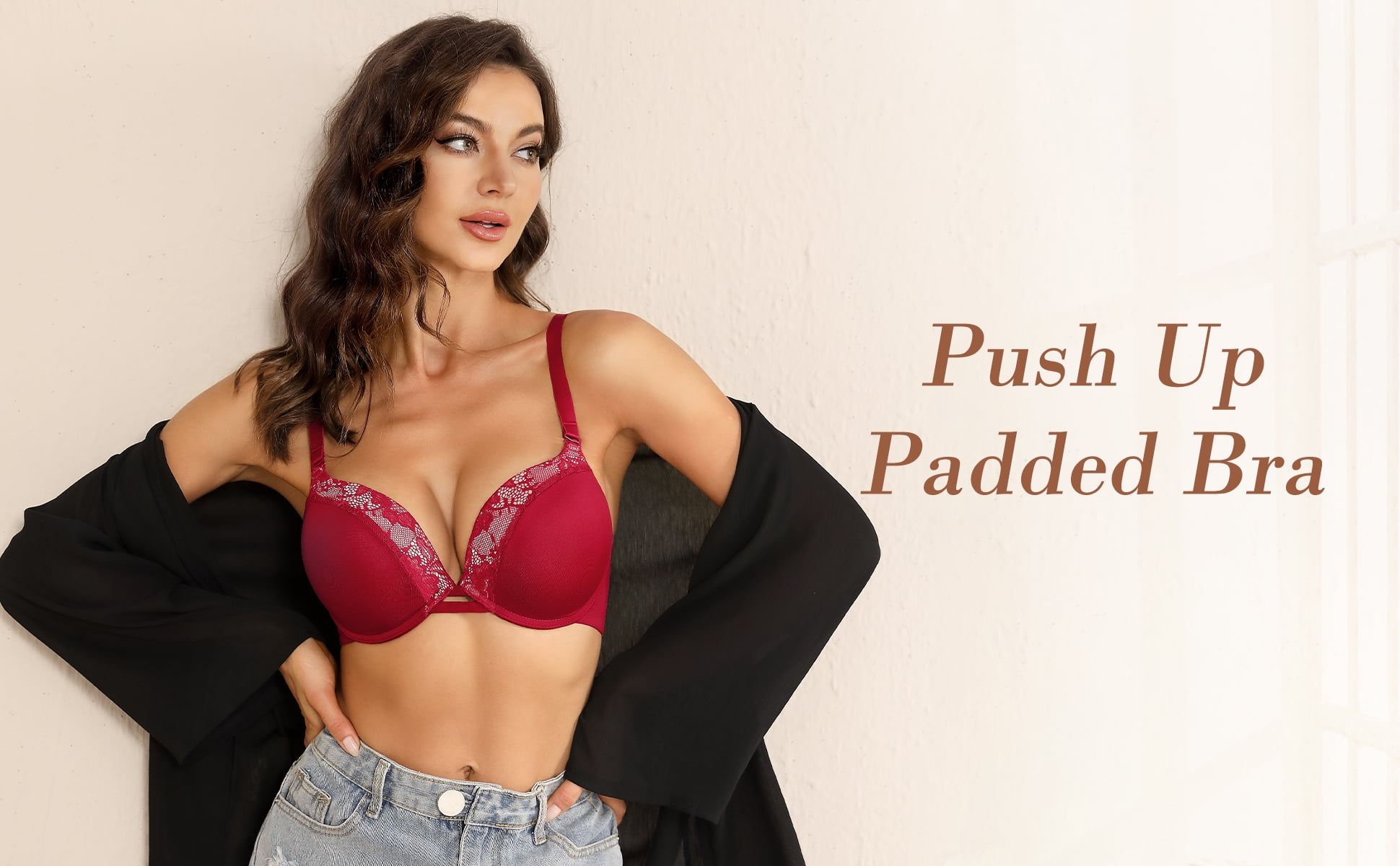 YANDW Push-up Padded Bras for Women Plunged Underwire Support Bra Add One Cups, Red 34D
