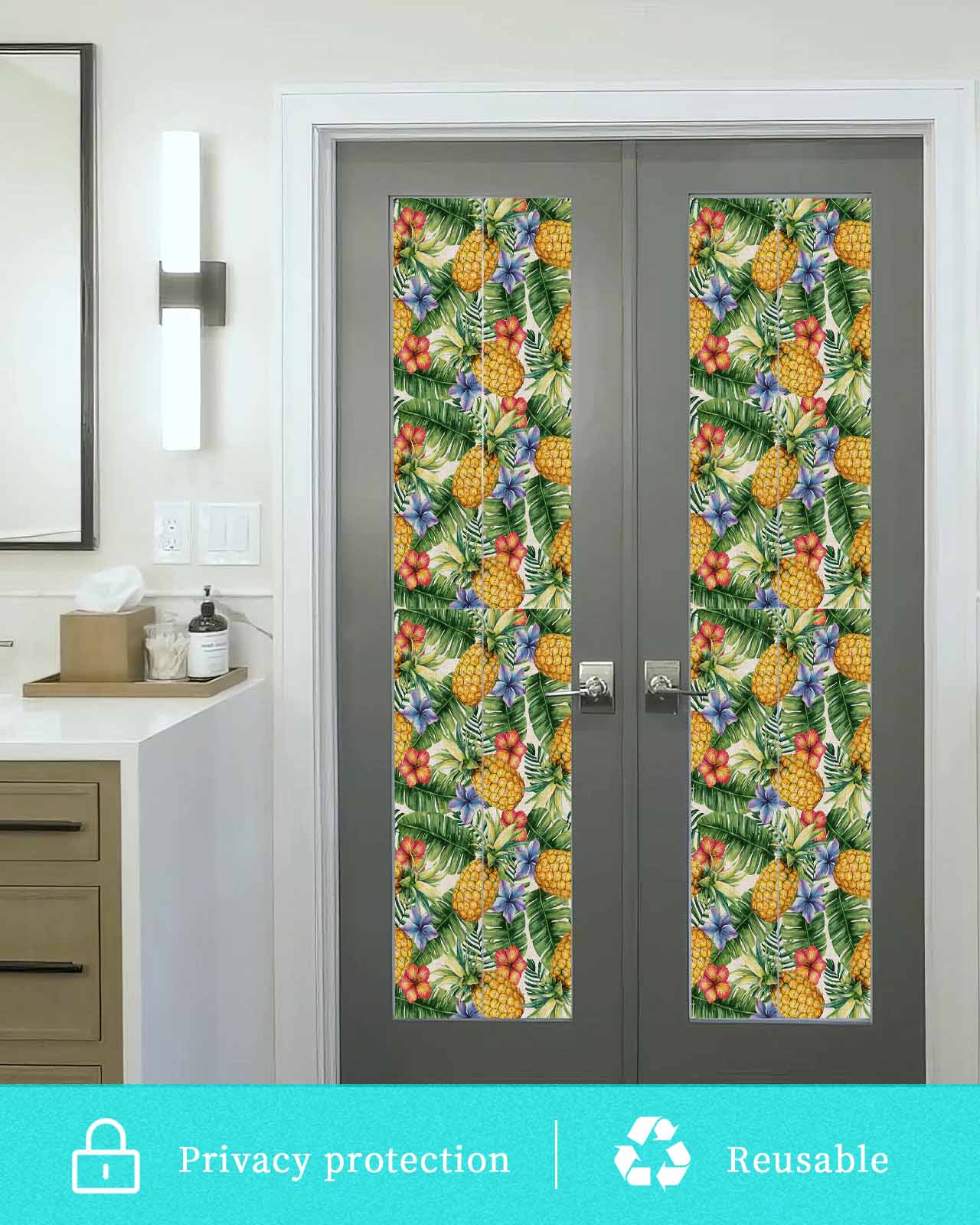 Window Privacy Film Pineapple Stained Glass Window Film Decorative Sun Block Window Cover Tropical Plants Flowers Fruit Watercolor Window Clings Static Adhesive Sticker for Bathroom 17.7"x78.7"