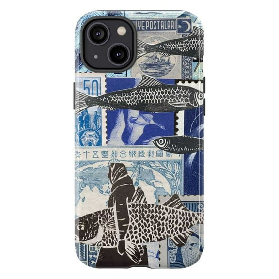 Vintage Fish Stamp Collage Phone Case, Blue Monochrome Art Protective Cover for iPhone 17 16 15 14 13 12 11 Pro Plus Mini