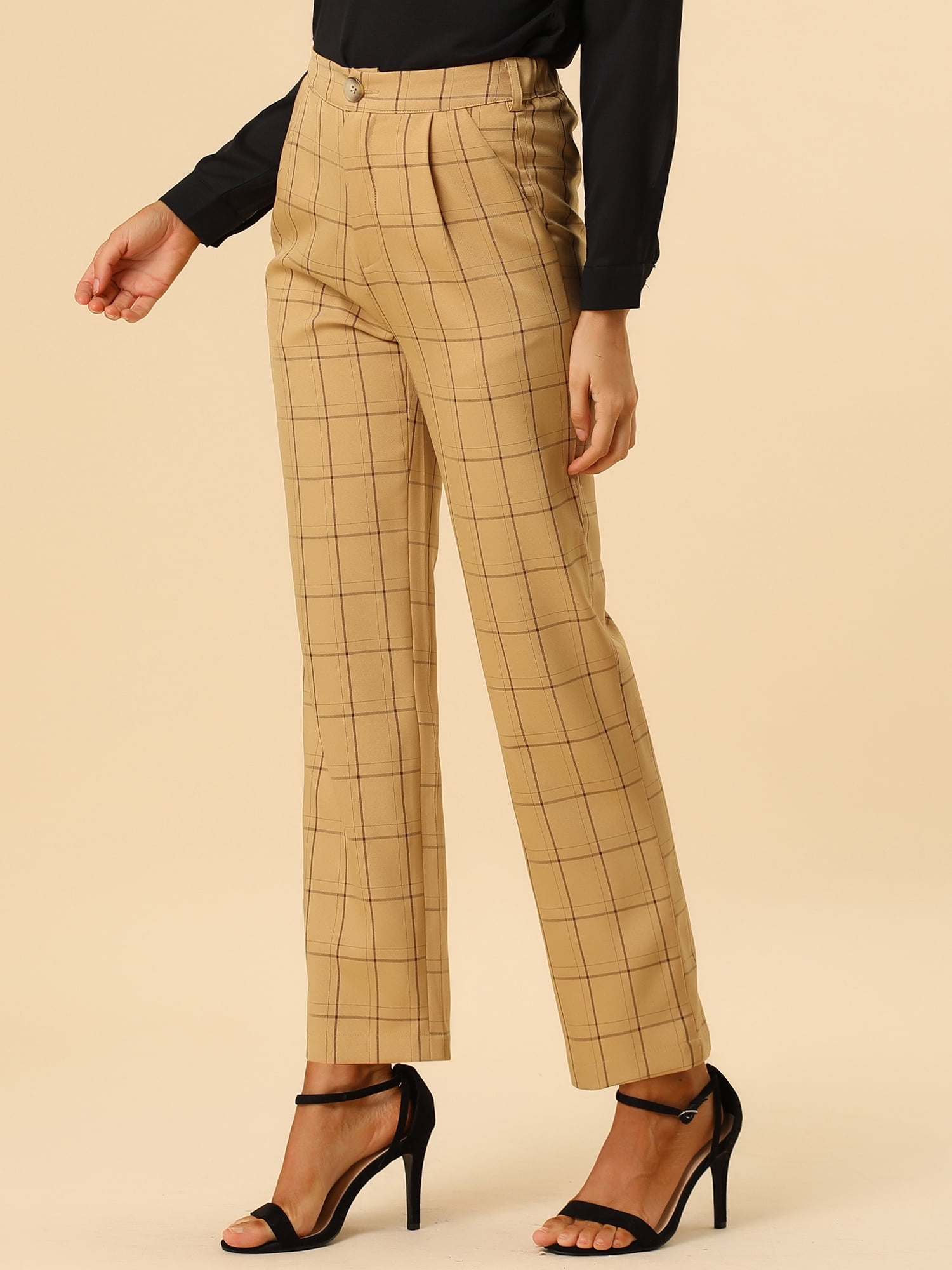 DARING DIVA Women's Plaid Trousers Pockets Straight Leg Casual Pant L Dark Khaki