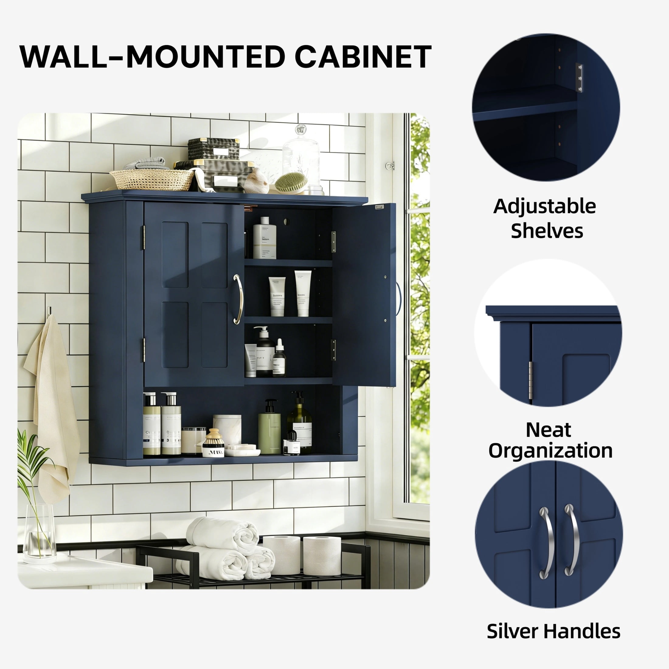 Christopher Knight Home 23.6" Wall Mounted Storage Cabinet with Adjustable Shelves and Doors, Navy Blue