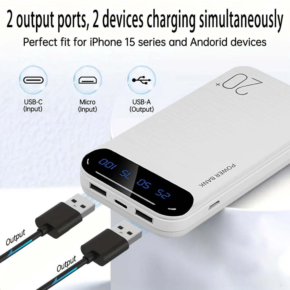 Large Capacity Portable Power Bank 20000mAh, 5V2.1A Portable USB Charger, LED and Digital Display Screen, Suitable for IOS/Android Devices, 2xUSB Output, Type-C/Micro Input, Safe and Stable Polymer