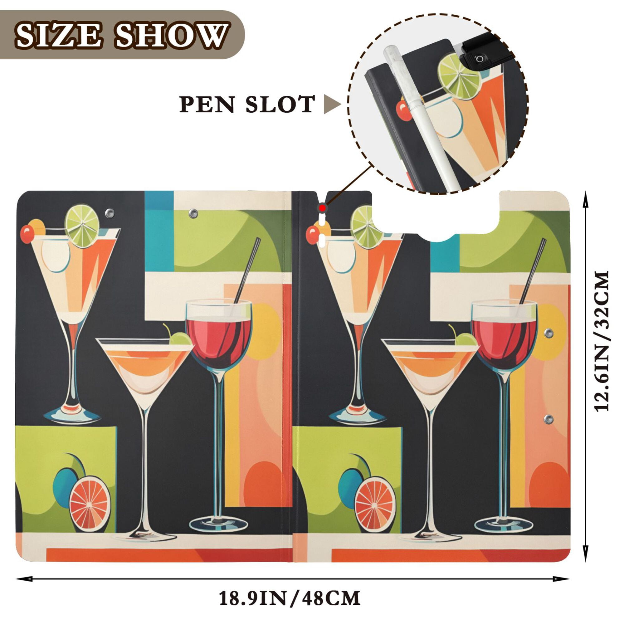 FORMRS A4 Clipboard Folder with Pen Holder Horizontal Foldable School Office Binder, Art Cocktails