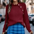 thumbnail image 3 of Women Long Sleeve Sweater Ruffle Mock Neck Left Button Decoration Pure Color Pullover Sweater for Autumn Winter Spring Jujube Red M, 3 of 6