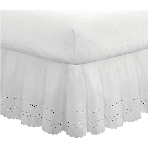 Ideas Ruffled Eyelet Bed Skirt Dust Ruffle with Gathered Styling and Embroidered Details, 14" Drop Length, Queen, White