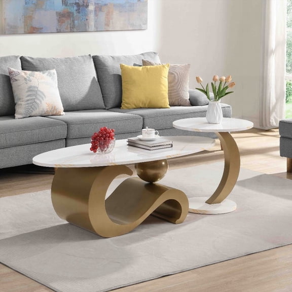 Golden Coffee Table Set for Living Room - 2-Tier (Oval & Round), Easy Assembly & Sturdy
