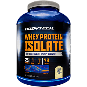 BodyTech Whey Protein Isolate Powder - With 25 Grams of Protein per Serving & BCAA's - Ideal for Post-Workout Muscle Building & Growth, Contains Milk & Soy - Vanilla (5 Pound)