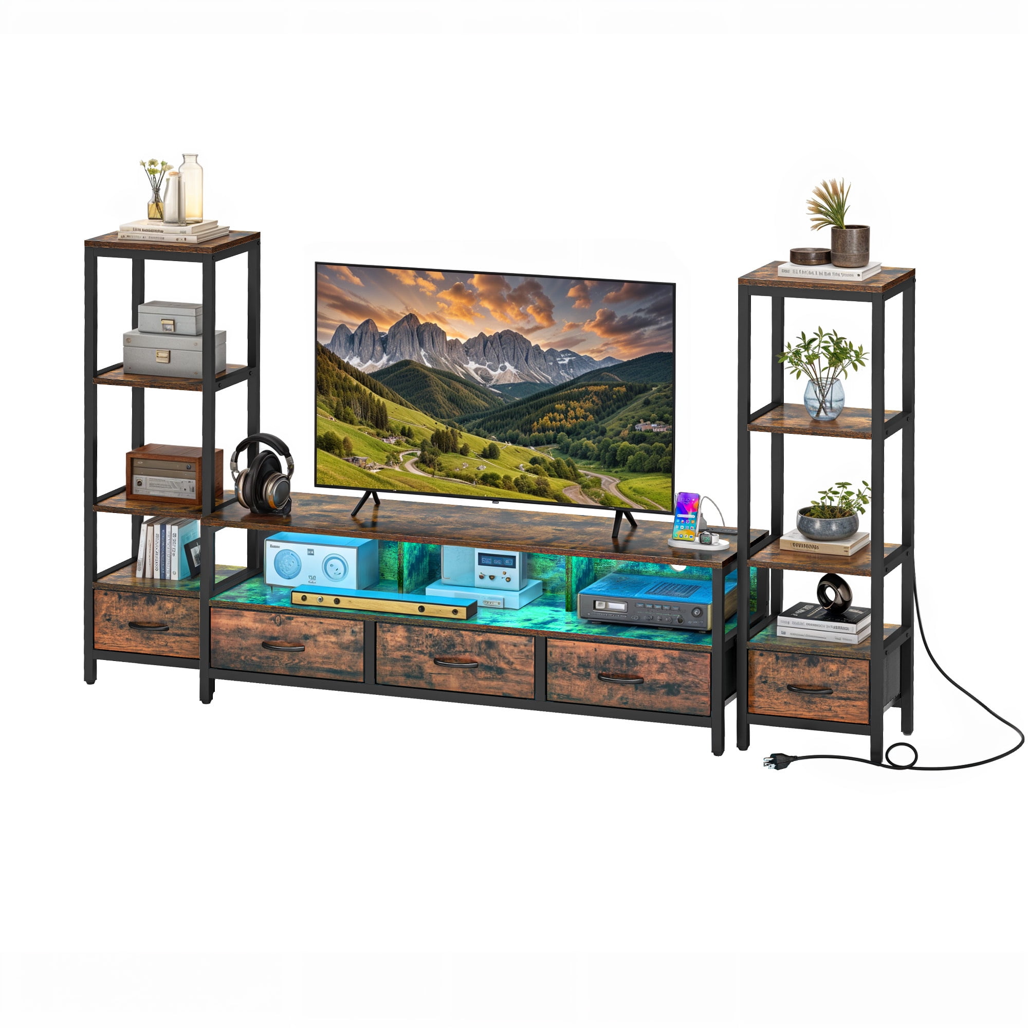 Uforic Modern Rustic Wood Metal Frame TV Stand with Remote Control LED Lights, USB Ports, Multi-Layer Storage Shelves & Fabric Drawers for Home Living Room, Rustic Brown