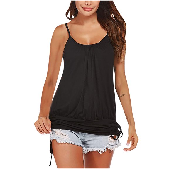 Aoochasliy Tank Tops for Women Clothes Women's Fashion Tops Solid Sleeveless Tape Female Round Neck Loose T-shirt Tops for Home Casual Work Play