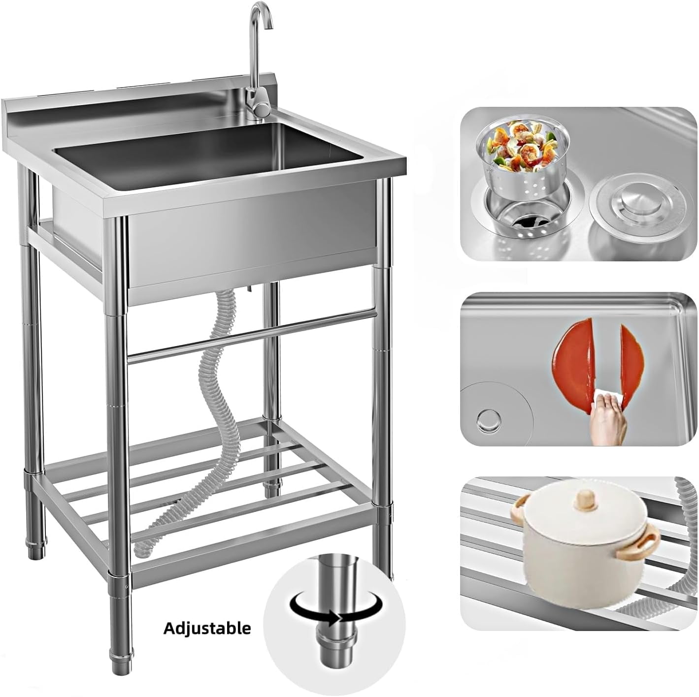 Stainless Steel Utility Sink, 24x20 in Freestanding Laundry Sink with Cold and Hot Water Pipe, 360 Rotating Faucet & Storage Shelf, Rust Resist & Easy to Clean for Kitchen