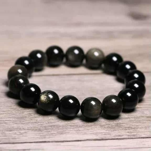 K-KED Gold Sheen Black Obsidian 10mm Large Beads Stretchy Bracelet Healing Luck Stone