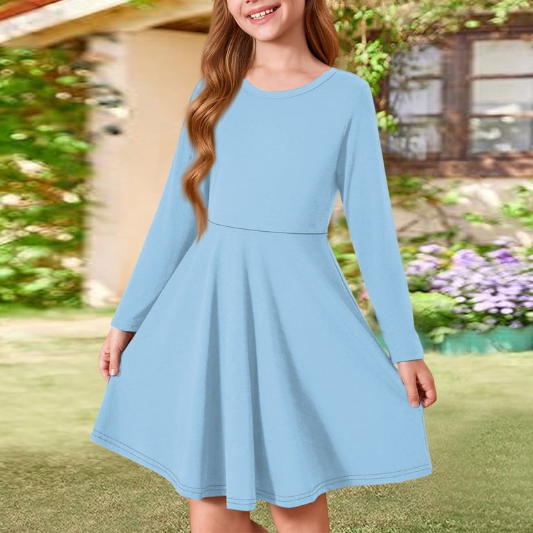 LTTVQM Cute Dresses for Girls Size 4-5 Summer Casual Solid Color Long  Sleeve Midi Dress Swing Round Neck Sundress Comfy A-Line Dress Light Blue -  Walmart.com