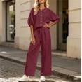 thumbnail image 6 of Uootdi Women's 2 Piece Matching Lounge Set Puff Sleeve Peter Pan Collar Button Top Drawstring Wide Leg Linen Pants Set with Pockets, 6 of 7