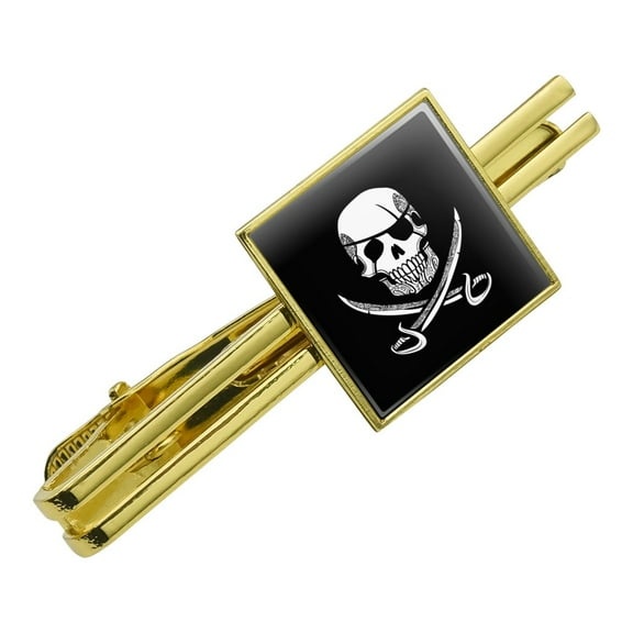 Pirate Skull Crossed Swords Tattoo Design Square Tie Bar Clip Clasp Tack- Silver or Gold