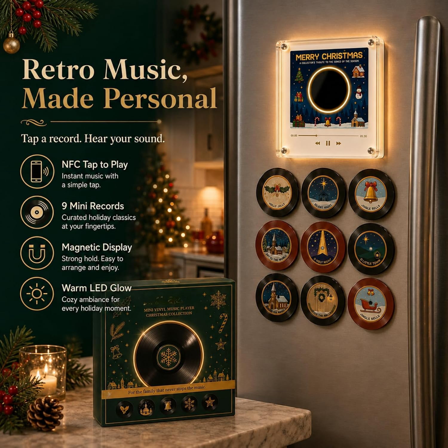 Christmas Fridge Magnet Music Player Set With 9 Vinyl‑Style Discs, NFC Playable Magnetic Music Box, Novelty Home Kitchen Christmas Decor & Holiday Gift