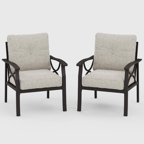 Set of 2 All-Weather Metal Armchairs, Khaki Frame with Beige Cushions