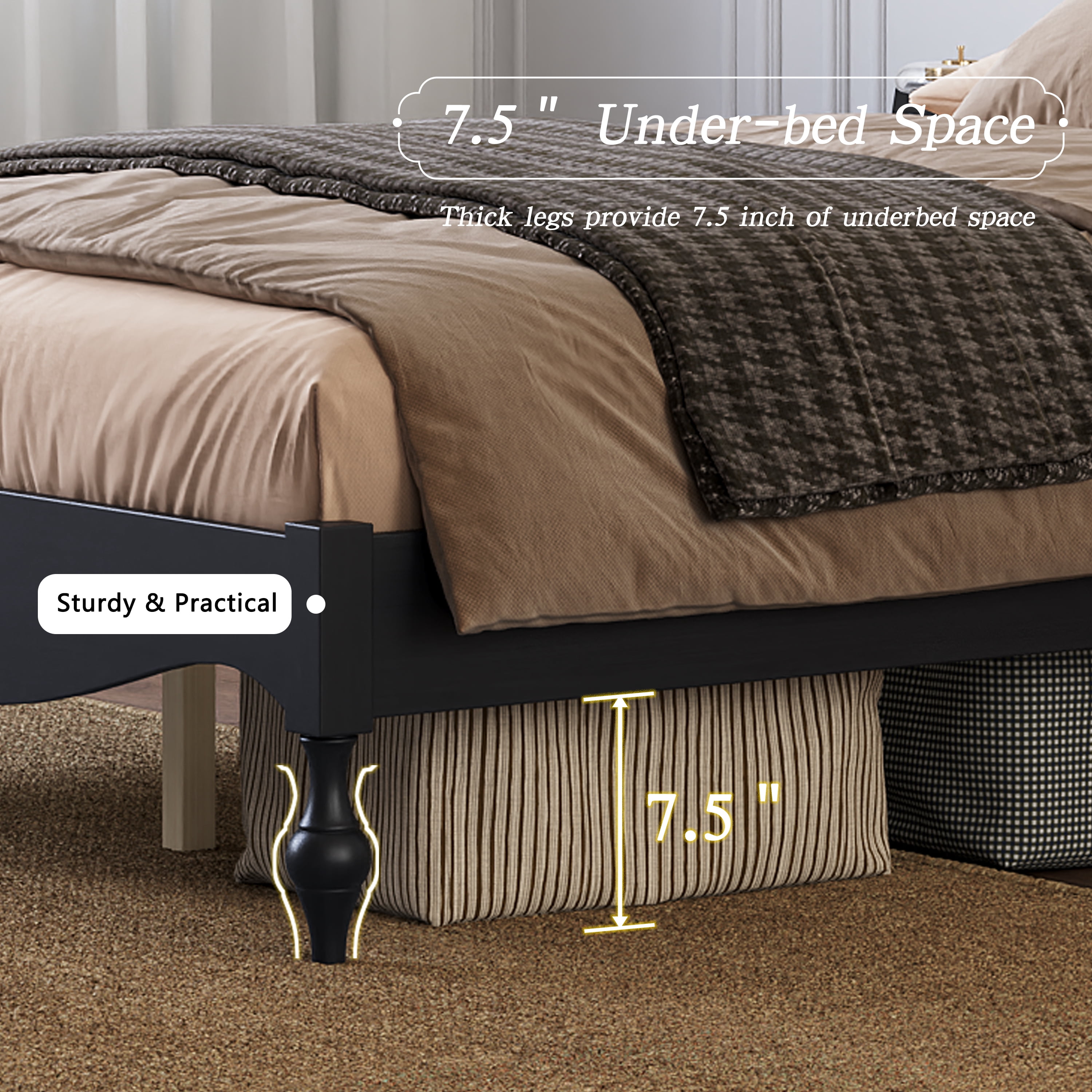 Euroco Wood Full Size Platform Bed with Traditional Arched Headboard, Vintage Bed Frame, No Box Spring Needed, Black