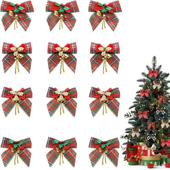 12 Pcs Christmas Bow Decorations,Bexikou Green & Red Plaid Burlap Wreaths Bows with Bells,Small Christmas Tree Bows for Wedding Party Farmhouse Decoration Ornaments
