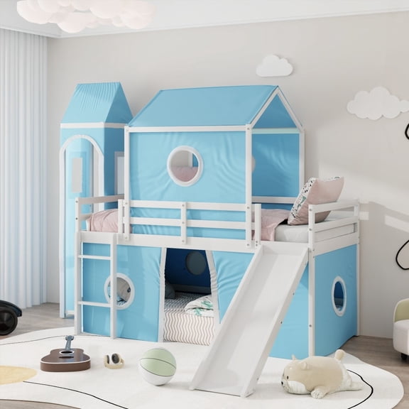 Sturdy Pine Wood Loft Bed with Slide - Pink Tent & Tower - Twin Size
