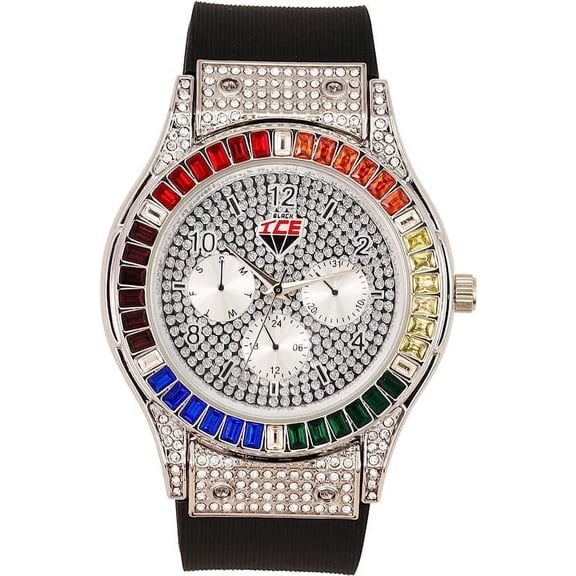 Charles Raymond Iced Out Mens Color on Blast Watch Single or Combo Sets with Blinged Out Bracelets Set. Iced Out Colourful Rainbow Flame Collection (ST10380 SLV)