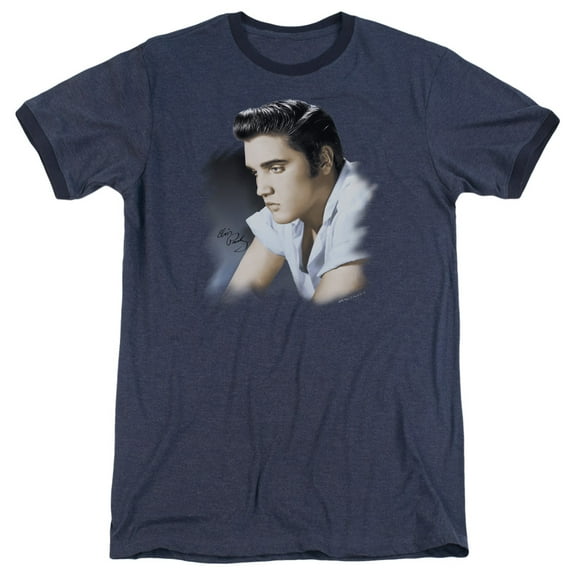 Elvis Presley Blue Profile Adult Heather Ringer T-Shirt Navy