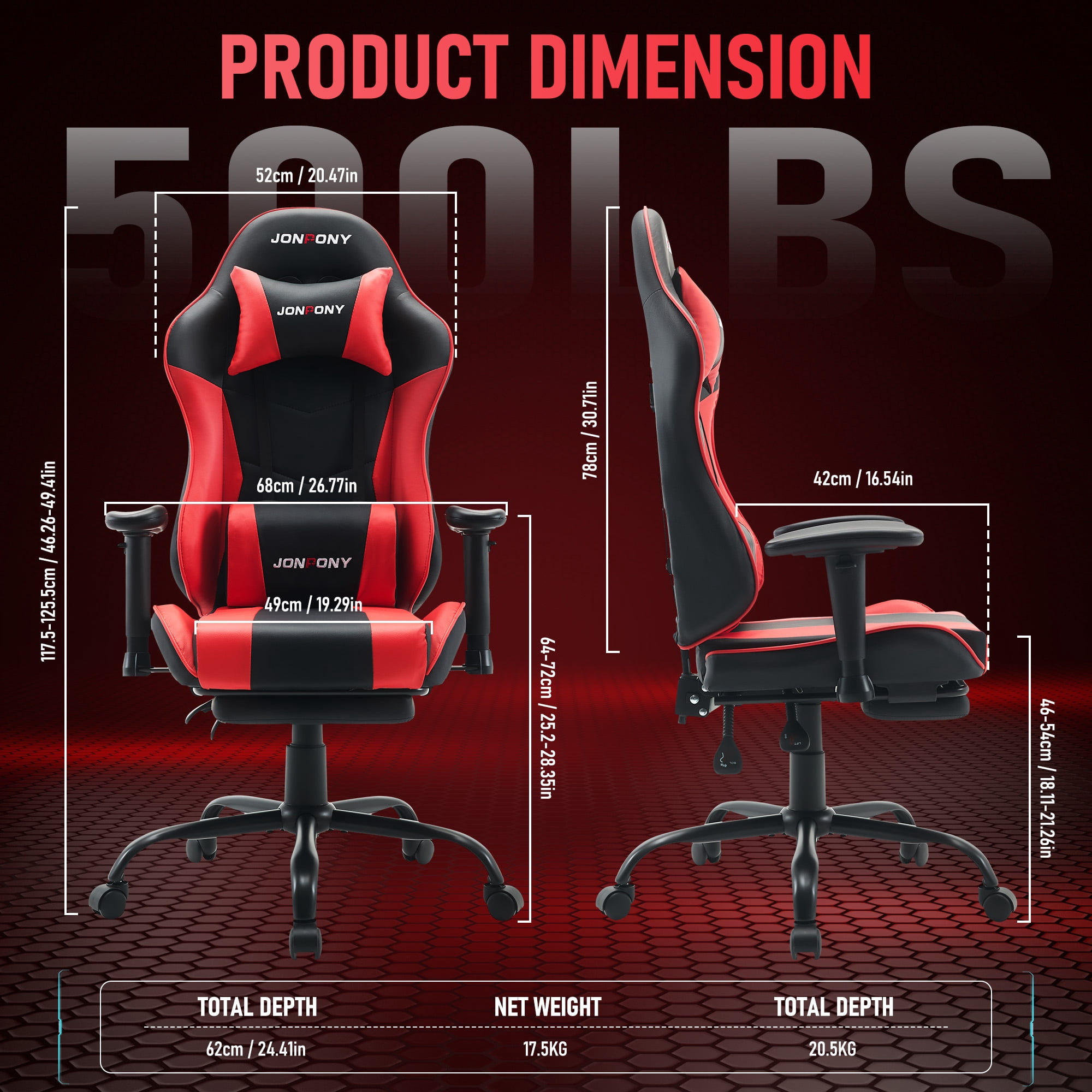 JONPONY Big and Tall 500LBS Gaming Chair with Footrest and Lumbar Support, High Back Ergonomic Recliner,Height Adjustable Leather Computer Desk Chair for Home Office, Red