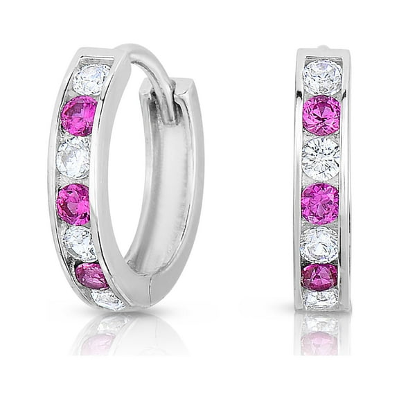 Tilo Jewelry 925 Sterling Silver Huggie Hoop Earrings with Red & White Cubic Zirconia CZ Birthstones | Small 13MM | Classic Everyday Earrings | Women, Men, Unisex