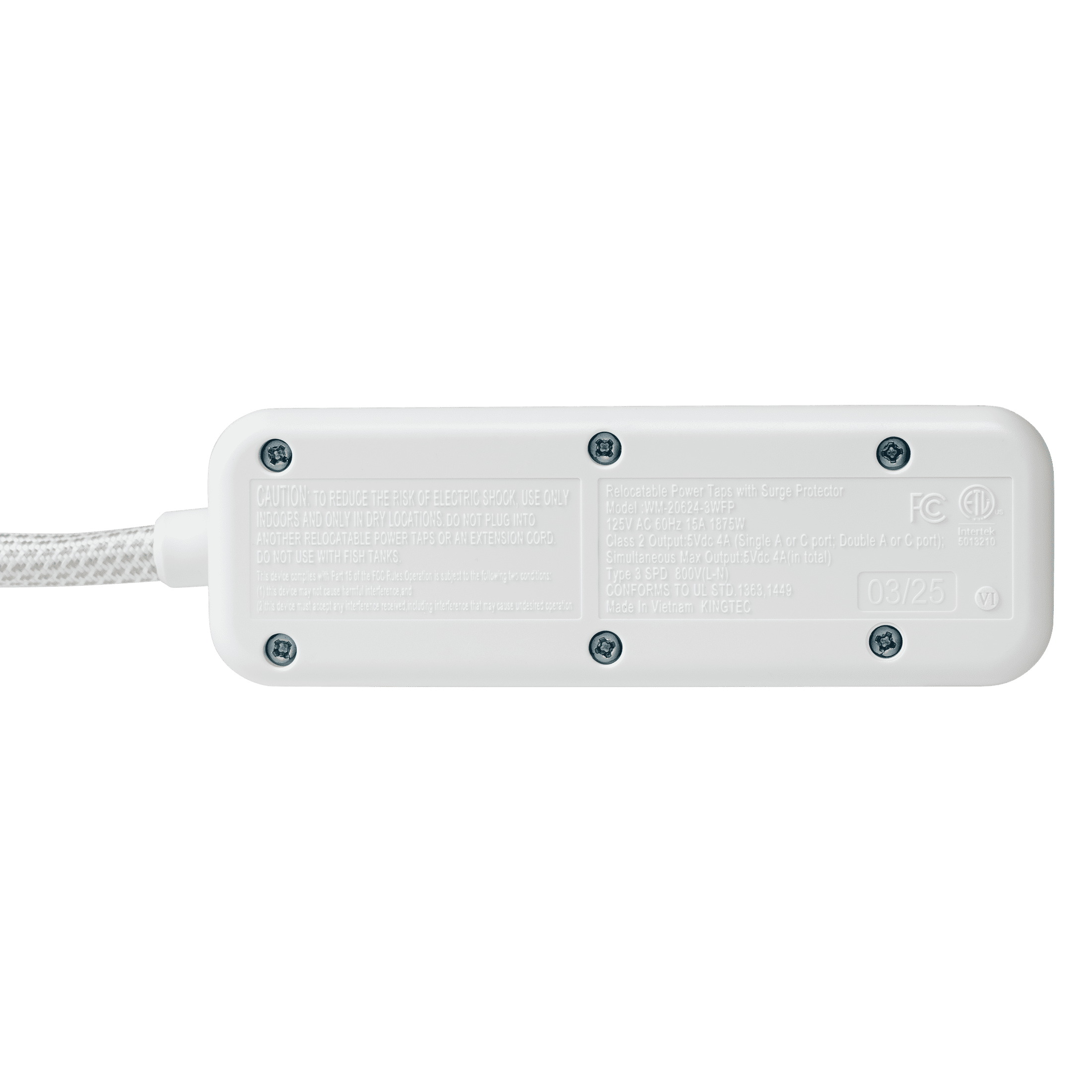 Hyper Tough USB Power Strip, 3ft Extension Cord, 6 Outlet, USB-A, USB-C, 900J Surge Protector, White